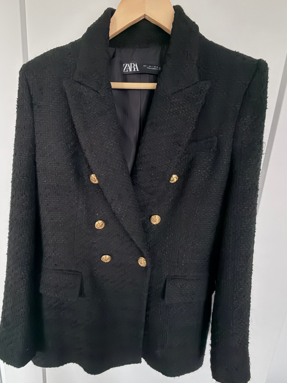 ZARA Black Double-Breasted Tweed Blazer with Gold Buttons